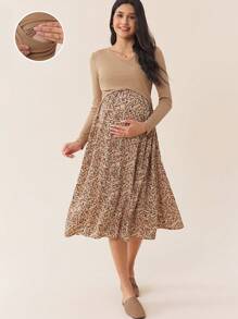 SHEIN 孕妇纯色花卉印花拼接哺乳长袖连衣裙，秋季