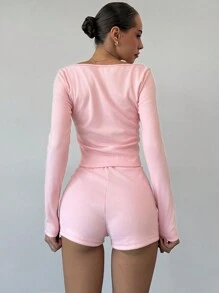 Aloruh 2pcs Casual Solid Color Bow Decor Long Sleeve Shorts Set, Autumn