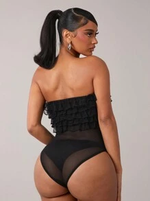 SHEIN SXY 性感分层蕾丝荷叶边紧身衣 - 黑色 - 查看 2