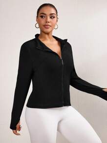 Easithlete 1 chiếc áo khoác nỉ thể thao tay dài khóa kéo phía trước cỡ lớn cho nữ thời trang thu đông - màu đen - Xem 5