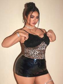 SHEIN ICON Áo hai dây ren đen họa tiết da báo cỡ lớn - màu đen - Xem 5