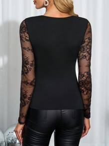 SHEIN Clasi 女士性感 V 领蕾丝水钻闪光长袖派对 T 恤 - 黑色 - 查看 3
