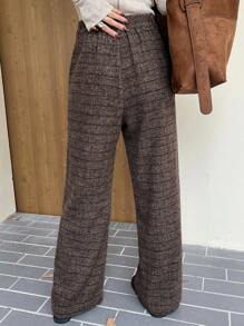 DAZY Pleated Wide Leg Floor Length Plaid Pants For Women,Fall Clothes