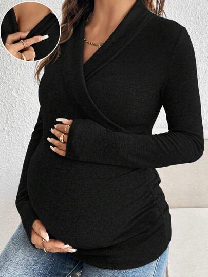 SHEIN Solid Color Long Sleeve Shawl Collar Casual Nursing Wear