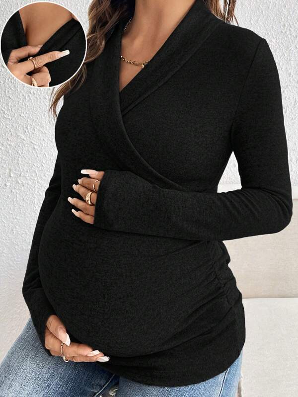 SHEIN Effen kleur lange mouw sjaalkraag casual borstvoedingskleding