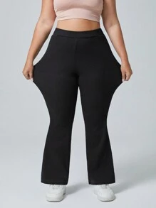 SHEIN EZwear 大码纯色喇叭腿口袋休闲弹力针织百搭牛仔裤 - 黑色 - 查看 3