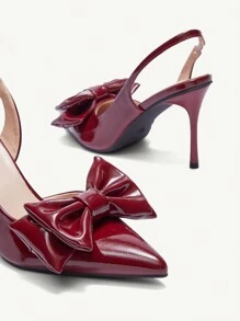 CUCCOO CHICEST Women's Pointed Toe Faux Leather Slip-On High Heel Pumps With Oversized Bow Design, Romantic And Elegant, Wine Red Color, Suitable For Dates, Tea Parties, And Parties For And Vibe And Spring Shoes Spring Break Easter Prom Heels - Burgundy - View 9