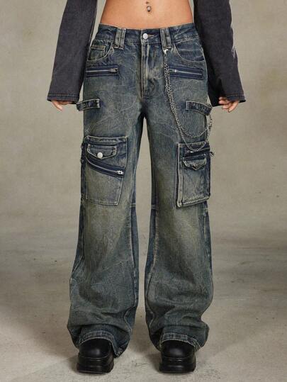 Grunge Punk Retro Distressed Cargo Pocket Flare Jeans For Women, Includes Chain