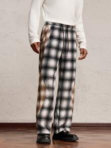 AKNOTIC Business Casual Men's Contrast Color Patched Plaid Print Straight Leg Casual Pants, Long Vacation Baggy Slacks Pants, For Husband, Boyfriend Gifts - Multicolor - View 3