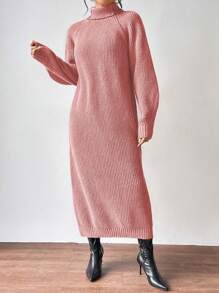 SHEIN Clasi Đầm len dài tay cổ lọ đơn giản giản dị cho nữ mùa đông - Bụi hồng - Xem 3