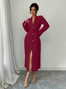 Elenzga Solid Color Long Sleeve Pocket Simple Casual Button Decorated Long Jacket - Burgundy - View 4