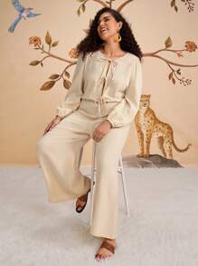 SHEIN VCAY Plus Size Women's Apricot Bowknot Front Lantern Sleeve Textured Jumpsuit, Casual Holiday Wear