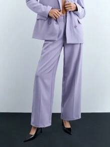 SHEIN X JIMENA & MATEO Maija Conjunto de blazer holgado de manga larga y pantalones rectos elegante para mujer, con detalles de bolsillos, hombreras acolchadas y doble botonadura en color morado, adecuado para fiestas elegantes navideñas y festivales