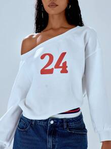 MUSERA '24' Off The Shoulder Slouchy Sweatshirt Top - White - View 4