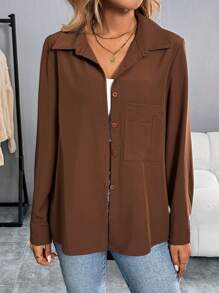SHEIN LUNE Women's Plain Brown Long Sleeve Casual Shirt, For Everyday Wear In Spring, Summer, Autumn, And Winter