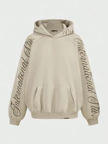 SUMWON WOMEN Sudadera con capucha con bolsillo tipo canguro y bordado de texto, manga larga - Caqui - Ver 5