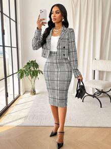 SHEIN Lady 格纹女两件套 女外套女修身直筒裙 日常通勤上班 秋冬优雅女装套装 - 黑與白 - 查看 7