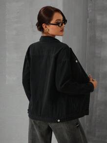 SHEIN Tall Women's Front Button Long Sleeve Pocket Simple Casual Denim Jacket, Tall Women - Black - View 2