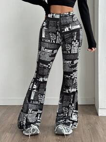 Coolane Elastic Waist All-Over Print Flare Leg Casual Pants, Versatile - Black - View 1
