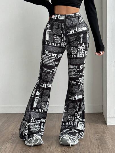 Coolane Elastic Waist All-Over Print Flare Leg Casual Pants, Versatile