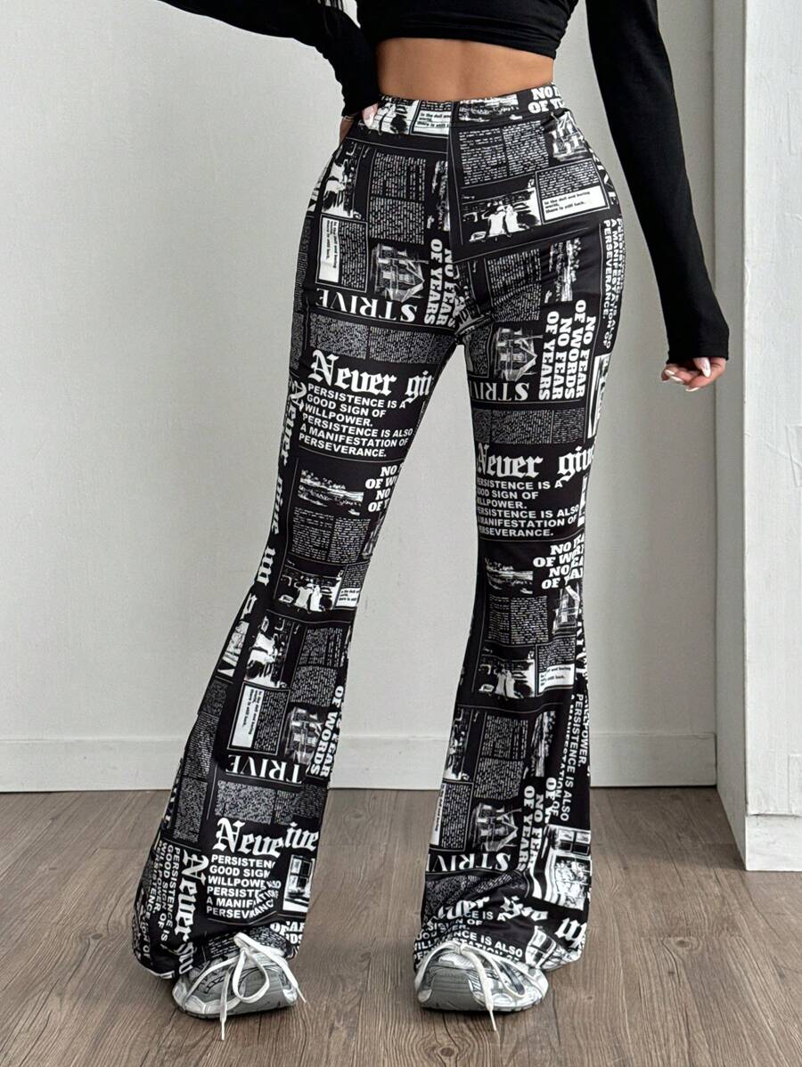 Coolane Elastic Waist All-Over Print Flare Leg Casual Pants, Versatile - Black - View 1