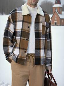 Manfinity VCAY 男士超大格子落肩保暖内衬拉链夹克，适合秋冬季，外出时尚保暖夹克彩色长袖夹克，适合朋友、丈夫、男朋友的礼物 - 彩色 - 查看 1