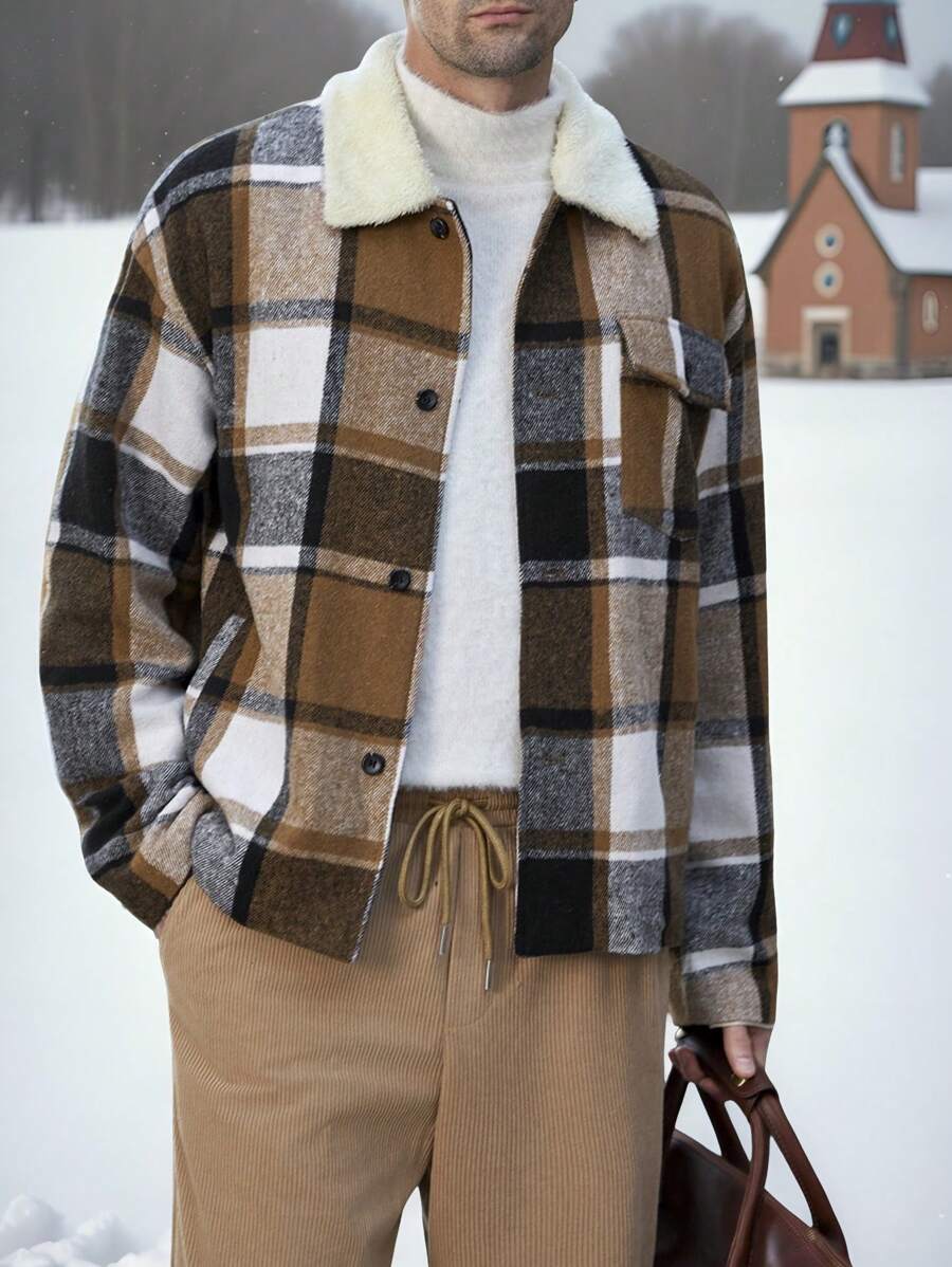 Manfinity VCAY 男士超大格子落肩保暖内衬拉链夹克，适合秋冬季，外出时尚保暖夹克彩色长袖夹克，适合朋友、丈夫、男朋友的礼物 - 彩色 - 查看 1