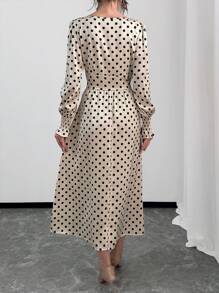 Chiquease 女士优雅长款圆点灯笼袖连衣裙超长款女装 - 杏色 - 查看 2