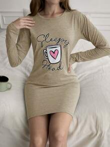 EURMUSE Women Cottnline & Lettered Night Dress - Beige - View 5
