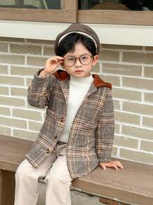 Young Boy Plaid Splice Long Sleeve Colorblock Hooded Casual Loose Jacket, Winter