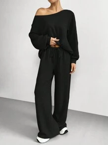 SHEIN Tall CURVE Plus Size Women Plain Oblique Shoulder Long Sleeve Top And Pants Casual Suit - Black - View 5