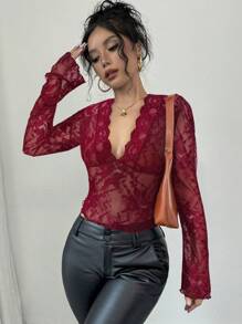 Firerie Women's Black V-Neck Lace Patchwork Flare Sleeve Lace Top - Red - View 3