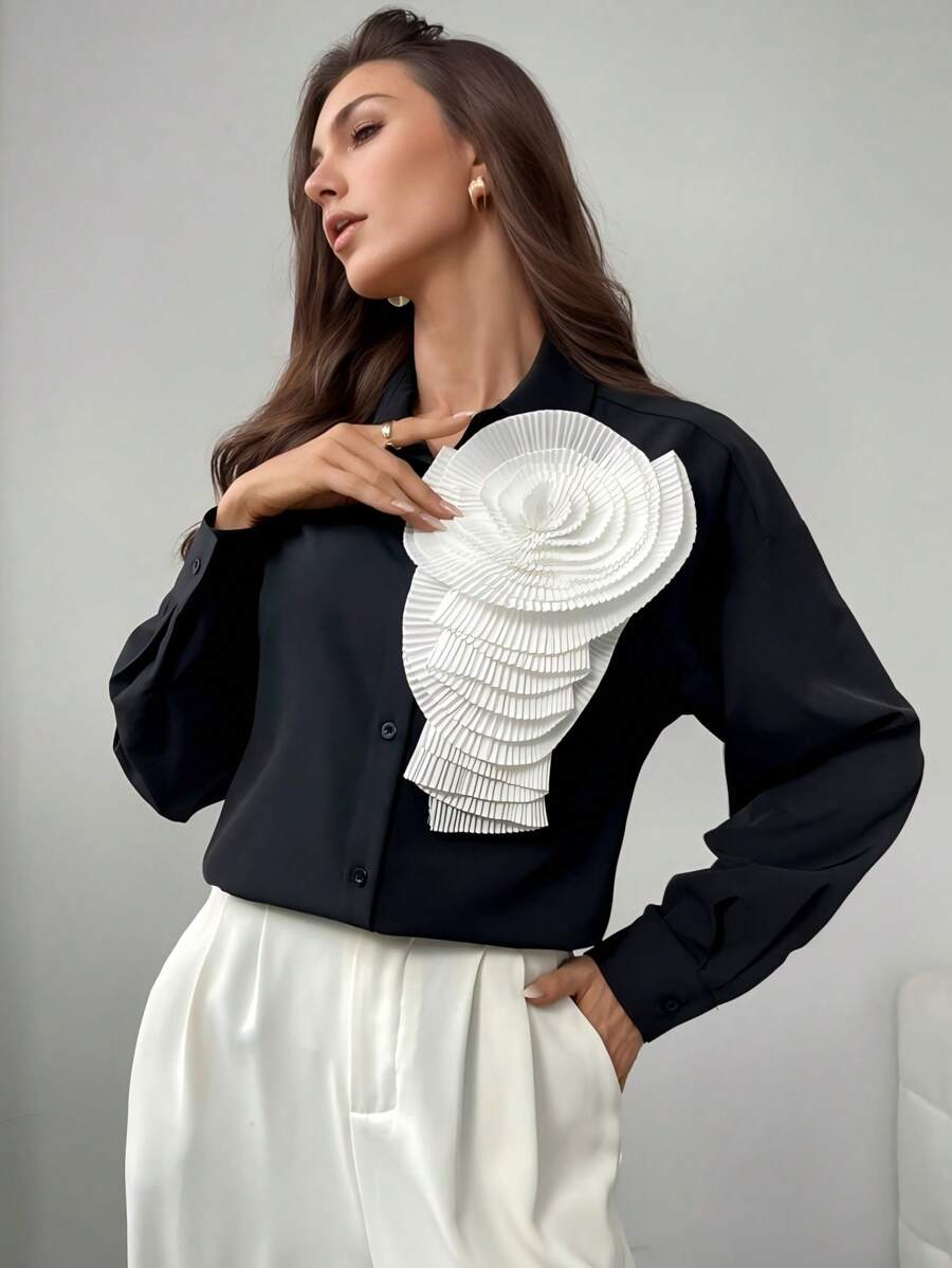 Firerie Women Elegant Commute Black & White Contrast Collar Long Sleeve Blouse