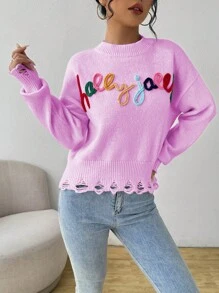 Chiquease Áo len dệt kim cổ tròn tay dài họa tiết chữ chắp vá thường ngày dành cho nữ thu đông - Màu tím hoa cà - Xem 4