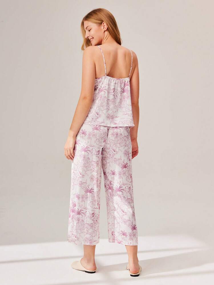 Ensemble de pyjama essentiel de base pour femmes en été, composé d'un débardeur en satin imprimé et d'un pantalon long. Ensemble de détente pour femmes, lingerie intime pour mariée