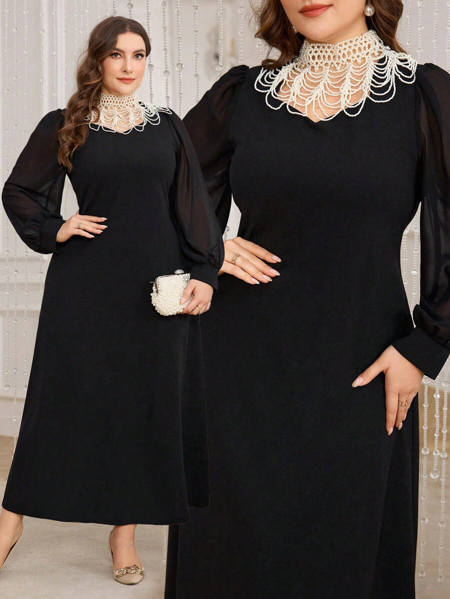 Modelyn Elegant Modest Muslim Arabic Women Plus Size Black Knit Pearl Necklace Bodycon Dress Long Evening Dresses Fall Cloth For Women - Black - View 1