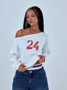 MUSERA '24' Off The Shoulder Slouchy Sweatshirt Top - White - View 3