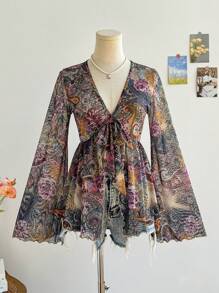 Soleia Women's Boho V-Neck Tie-Up Long Flare Sleeve Floral Print Casual Top, Summer Vacation Beach Outfits - Multicolor - View 2