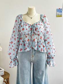 Soleia 大码女式雪纺碎花长袖蝴蝶结装饰衬衫，休闲冬装 - 彩色 - 查看 5