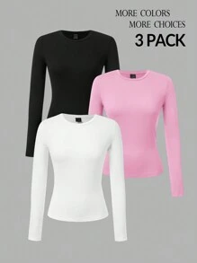 SHEIN PETITE Women's Three Pieces Round Neck Casual Tight-Fitting Solid Color Long-Sleeved T-Shirt Pullover Set Suitable For Spring, Autumn And Winter 3 Packs Topsmultipack Topspack Of Topsbasic Long Sleeve Topslong Sleeve Crop Tops - Multicolor - View 2