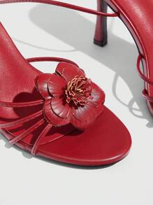 CUCCOO SZL Pink PU Floral Decor Women Round Toe High Heel Lace-Up Sandals Valentine's Day - Burgundy - View 10