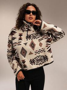 Forever 21 Women Geometric Pattern Drop Shoulder Long Sleeve Fleece Jacket, Autumn - Apricot - View 6