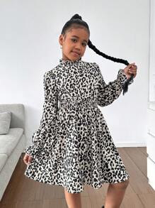 SHEIN Tween Girls Casual Woven V-Neck Long Sleeve Leopard & Ditsy Floral A-Line Dress, Suitable For Everyday Wear And Elegant Gatherings