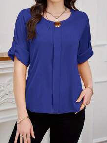 SHEIN Clasi 1 件女式金属装饰圆领卷边袖口短袖休闲衬衫，适合通勤 - 寶藍色 - 查看 4