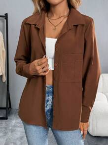 SHEIN LUNE Women's Plain Brown Long Sleeve Casual Shirt, For Everyday Wear In Spring, Summer, Autumn, And Winter