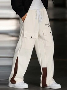 Manfinity Homme Plus Size Men's Letter Print Cargo Pockets Straight Leg Loose Casual Pants, Going Out Color Block Slacks Pants, For Husband, Boyfriend Gifts