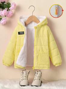 SHEIN Chaqueta de invierno con capucha y bolsillos de unicolor para niña