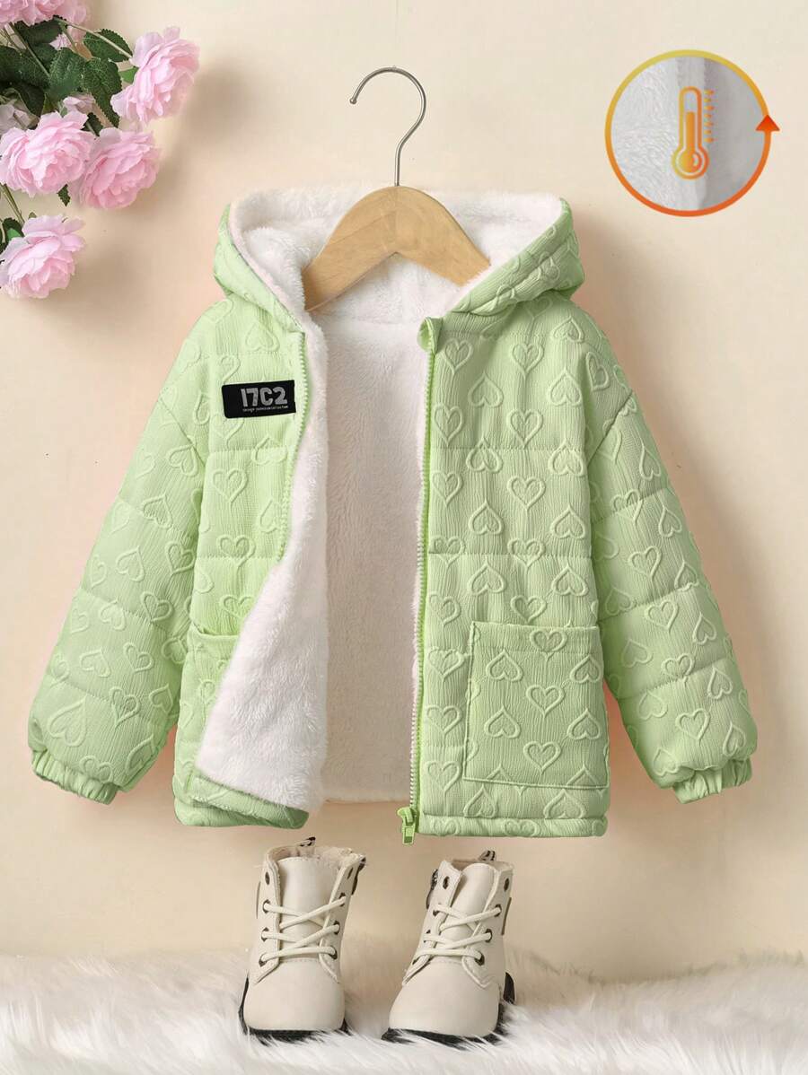 SHEIN 年轻女孩休闲字母贴片拉链前双口袋连帽棉服外套，冬季 - 綠色 - 查看 1