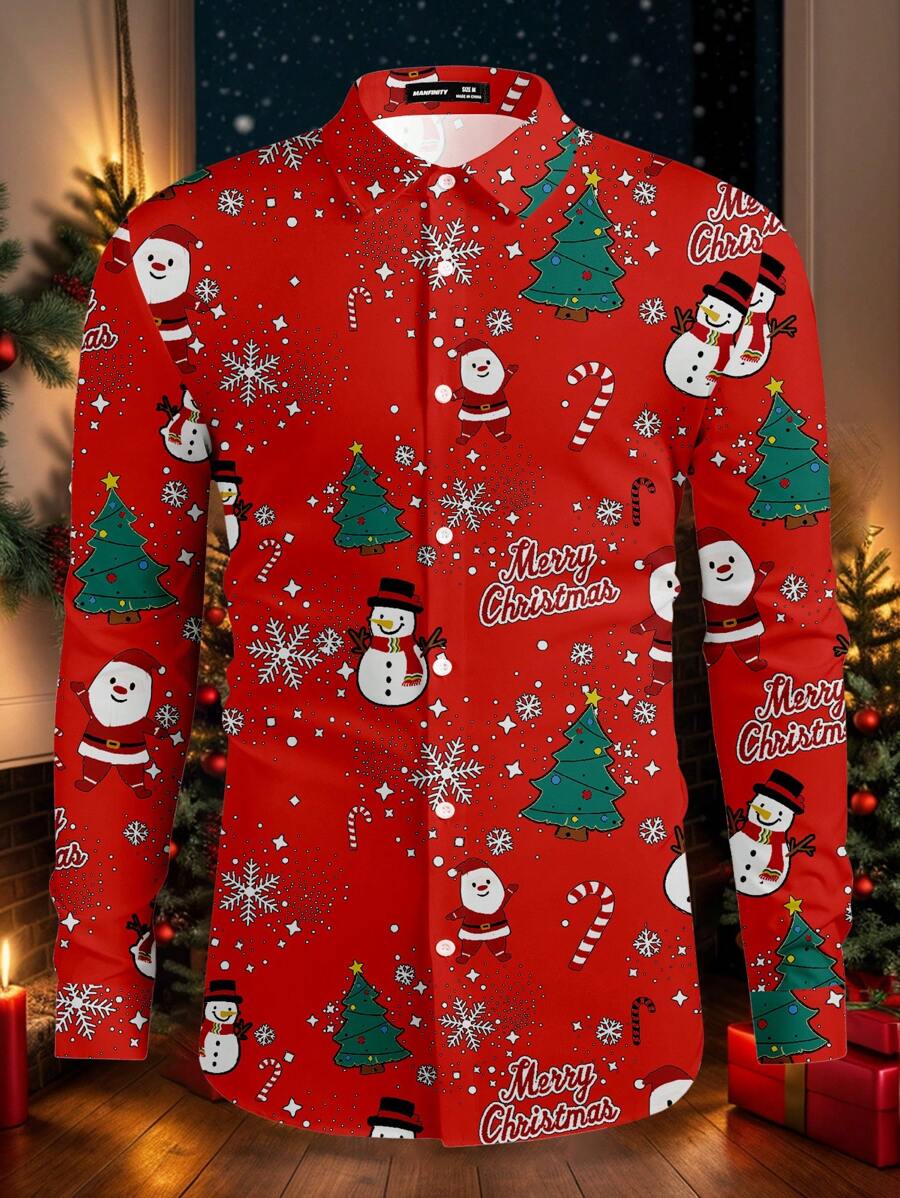 Calvornis Áo sơ mi nam tay dài in hình cây thông Noel, hàng nút đơn giản cho mùa thu - Đỏ - Xem 1