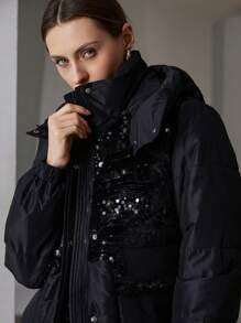 Aveloria Modichic 亮片拼布设计黑色夹棉外套，时尚百搭，温暖有型，新款秋冬装 - 黑色 - 查看 5